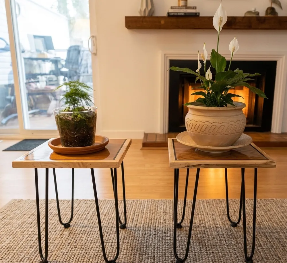 Photo of a pair of plant tables made from cedar and maple